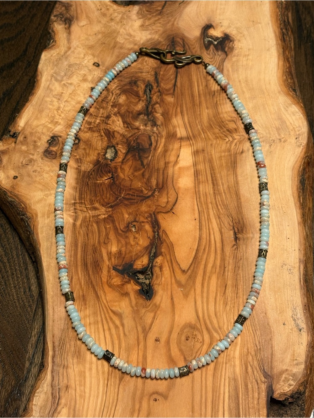 Handmade Shushan Stone Abacus Bead Necklace Natural Stone Aqua Blue 18.5" - Picture 3 of 5